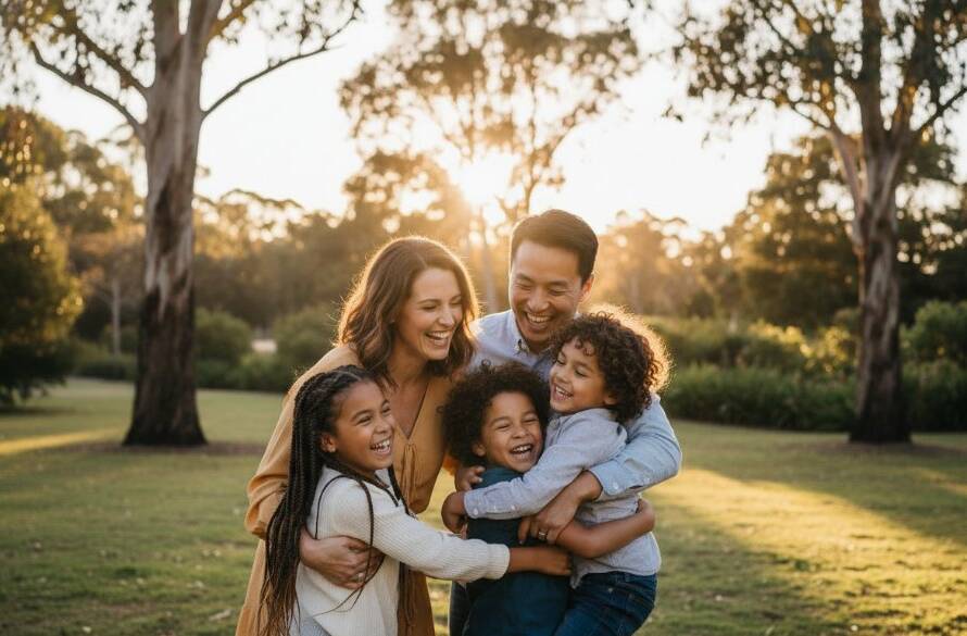 A heartwarming, candid moment of a diverse family laughing and embracing at sunset in a beautiful Ringwood park, showcasing authentic family joy Ringwood VIC, with golden hour light and lush Australian native foliage, professionally colour graded.