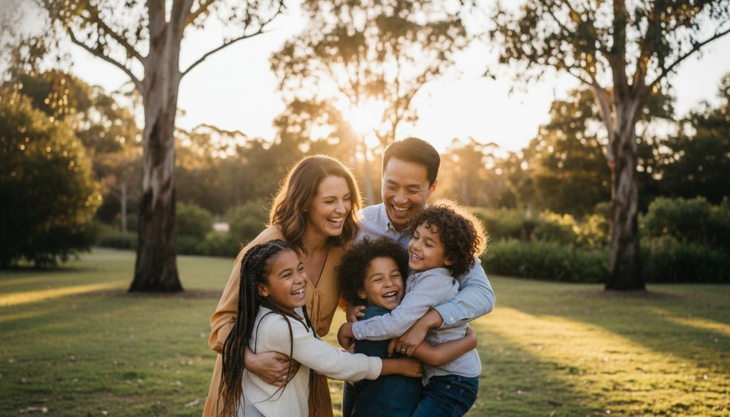 A heartwarming, candid moment of a diverse family laughing and embracing at sunset in a beautiful Ringwood park, showcasing authentic family joy Ringwood VIC, with golden hour light and lush Australian native foliage, professionally colour graded.