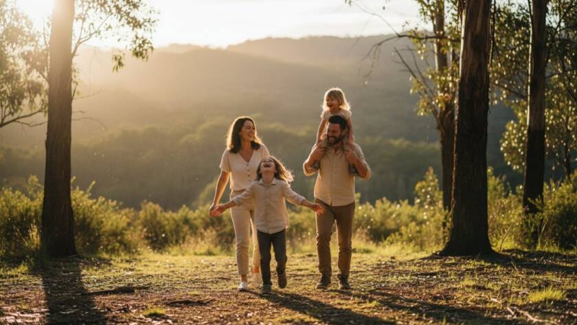 An 'epic moment' of unbridled laughter and connection, perfectly illustrating capturing authentic family joy The Basin candid photography, with a family silhouetted against a golden hour sky at the foothills near The Basin, Victoria.