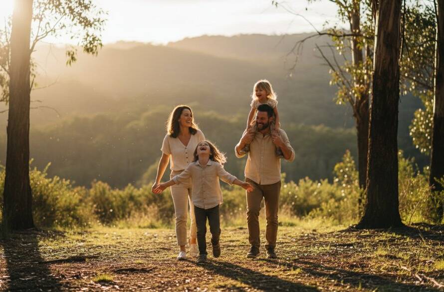 An 'epic moment' of unbridled laughter and connection, perfectly illustrating capturing authentic family joy The Basin candid photography, with a family silhouetted against a golden hour sky at the foothills near The Basin, Victoria.
