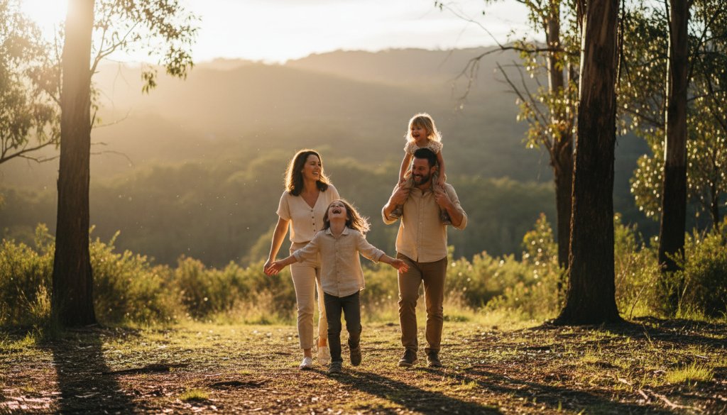 An 'epic moment' of unbridled laughter and connection, perfectly illustrating capturing authentic family joy The Basin candid photography, with a family silhouetted against a golden hour sky at the foothills near The Basin, Victoria.