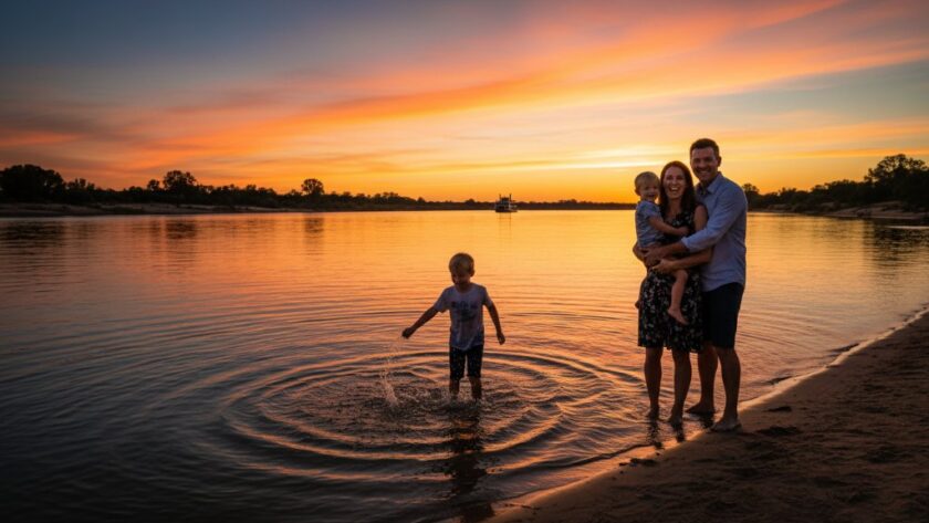 An emotional wide-angle photograph capturing authentic family memories Mildura river at sunset, with a family silhouetted against the vibrant orange sky, laughing and running along the sand, reflections in the calm water, creating a timeless and cinematic memory.