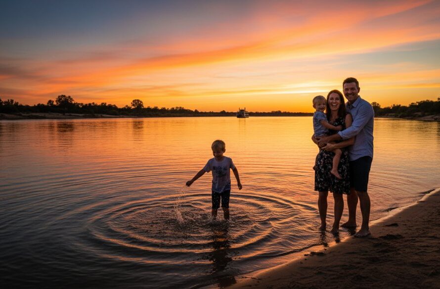 An emotional wide-angle photograph capturing authentic family memories Mildura river at sunset, with a family silhouetted against the vibrant orange sky, laughing and running along the sand, reflections in the calm water, creating a timeless and cinematic memory.