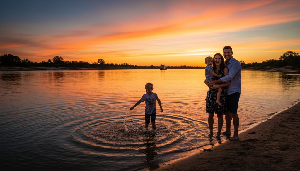 An emotional wide-angle photograph capturing authentic family memories Mildura river at sunset, with a family silhouetted against the vibrant orange sky, laughing and running along the sand, reflections in the calm water, creating a timeless and cinematic memory.