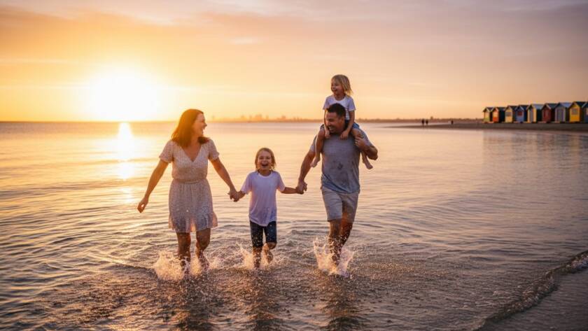 A professional photograph Capturing authentic family moments Aspendale beach at sunset, showing a family laughing and running along the shore, with golden light reflecting on the water.
