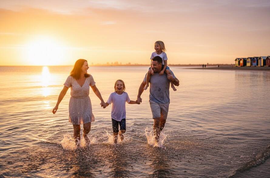 A professional photograph Capturing authentic family moments Aspendale beach at sunset, showing a family laughing and running along the shore, with golden light reflecting on the water.