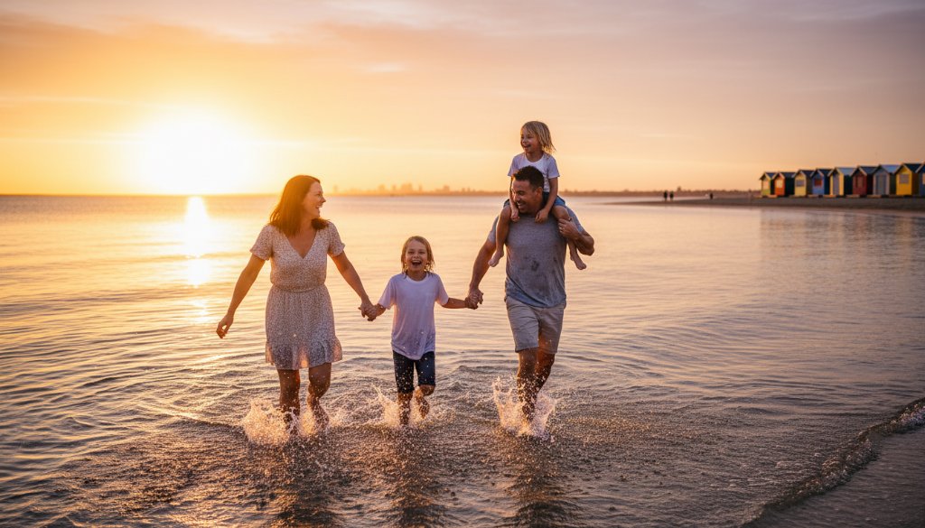 A professional photograph Capturing authentic family moments Aspendale beach at sunset, showing a family laughing and running along the shore, with golden light reflecting on the water.