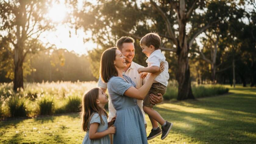 A professional, cinematic photograph capturing authentic family moments Croydon North: a joyful family laughing together during golden hour in a sun-drenched park, mother embracing child, father smiling, genuine emotion, warm colours, dramatic lighting, portraying an epic, unposed memory.