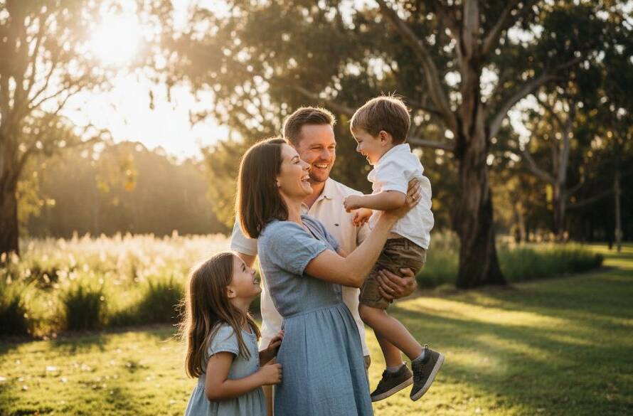A professional, cinematic photograph capturing authentic family moments Croydon North: a joyful family laughing together during golden hour in a sun-drenched park, mother embracing child, father smiling, genuine emotion, warm colours, dramatic lighting, portraying an epic, unposed memory.