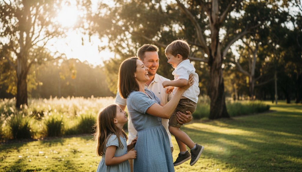 A professional, cinematic photograph capturing authentic family moments Croydon North: a joyful family laughing together during golden hour in a sun-drenched park, mother embracing child, father smiling, genuine emotion, warm colours, dramatic lighting, portraying an epic, unposed memory.