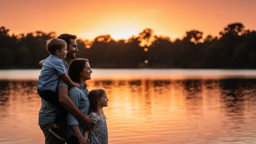 An emotionally resonant, wide-angle photograph of a family of four (parents and two young children) laughing joyfully while walking hand-in-hand through the golden light of sunset at Tirhatuan Park in Dandenong North, with the children looking back at the camera, capturing authentic family moments Dandenong North.