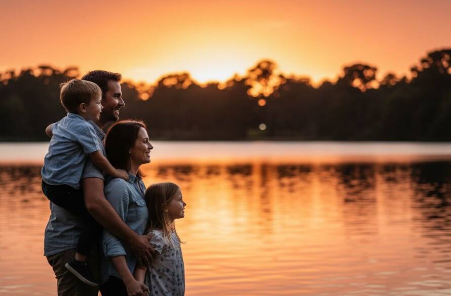 An emotionally resonant, wide-angle photograph of a family of four (parents and two young children) laughing joyfully while walking hand-in-hand through the golden light of sunset at Tirhatuan Park in Dandenong North, with the children looking back at the camera, capturing authentic family moments Dandenong North.