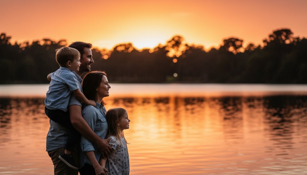 An emotionally resonant, wide-angle photograph of a family of four (parents and two young children) laughing joyfully while walking hand-in-hand through the golden light of sunset at Tirhatuan Park in Dandenong North, with the children looking back at the camera, capturing authentic family moments Dandenong North.