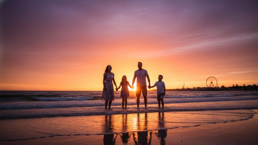 An epic moment capturing authentic family moments Geelong Eastern Beach at sunset, with a family silhouetted against a vibrant orange sky, laughing joyfully on the sand near the iconic Ferris wheel, professional photography, dramatic lighting, cinematic.