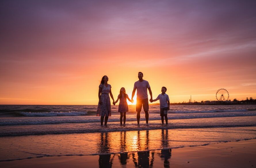 An epic moment capturing authentic family moments Geelong Eastern Beach at sunset, with a family silhouetted against a vibrant orange sky, laughing joyfully on the sand near the iconic Ferris wheel, professional photography, dramatic lighting, cinematic.