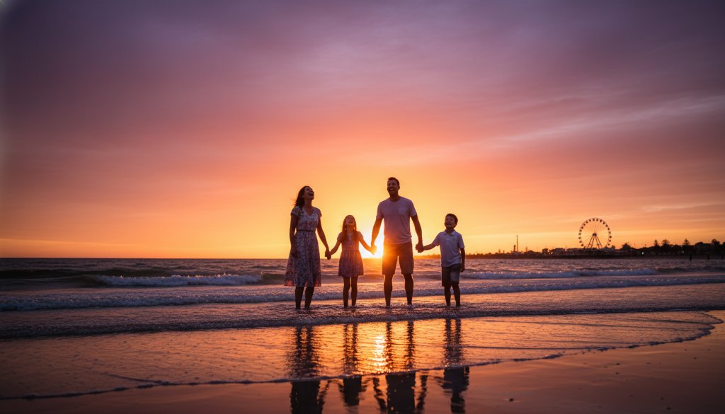 An epic moment capturing authentic family moments Geelong Eastern Beach at sunset, with a family silhouetted against a vibrant orange sky, laughing joyfully on the sand near the iconic Ferris wheel, professional photography, dramatic lighting, cinematic.