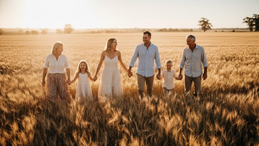 An epic, emotionally resonant photograph capturing authentic family moments Maryborough Victoria, showing a family laughing joyfully during sunset in a golden field near Maryborough, with dramatic warm light and professional colour grading.