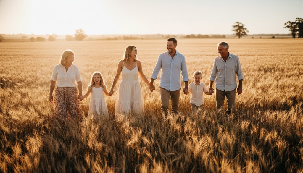 An epic, emotionally resonant photograph capturing authentic family moments Maryborough Victoria, showing a family laughing joyfully during sunset in a golden field near Maryborough, with dramatic warm light and professional colour grading.