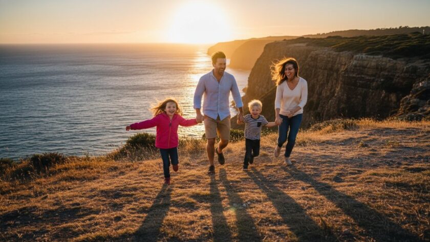 An epic, joy-filled photograph capturing authentic family moments Portland Victoria, with parents laughing and children running along the dramatic cliffs of Cape Bridgewater at sunset, professional color grading.