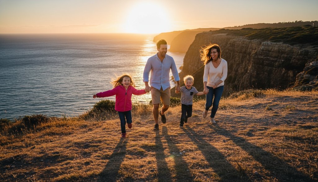 An epic, joy-filled photograph capturing authentic family moments Portland Victoria, with parents laughing and children running along the dramatic cliffs of Cape Bridgewater at sunset, professional color grading.