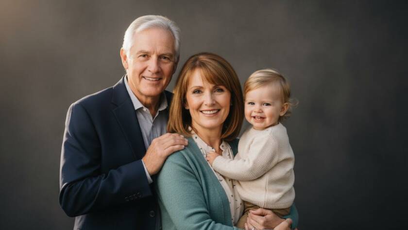 A heartwarming, epic moment captured in a professional studio, showcasing a multi-generational family joyfully interacting, with the patriarch holding a toddler in the foreground, bathed in dramatic, soft light, symbolising 'Capturing authentic family studio portraits Box Hill North'.
