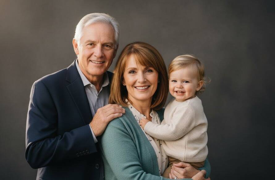 A heartwarming, epic moment captured in a professional studio, showcasing a multi-generational family joyfully interacting, with the patriarch holding a toddler in the foreground, bathed in dramatic, soft light, symbolising 'Capturing authentic family studio portraits Box Hill North'.
