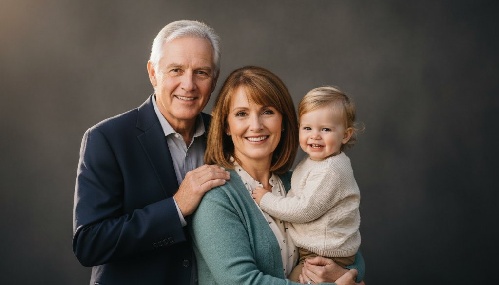 A heartwarming, epic moment captured in a professional studio, showcasing a multi-generational family joyfully interacting, with the patriarch holding a toddler in the foreground, bathed in dramatic, soft light, symbolising 'Capturing authentic family studio portraits Box Hill North'.