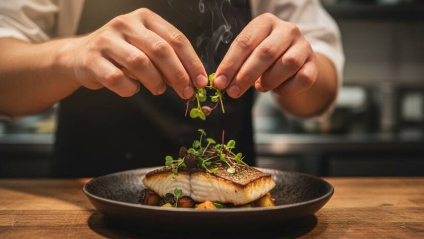 A dramatic, professionally lit photograph capturing a chef's focused hands delicately drizzling a vibrant sauce onto a beautifully plated, locally sourced meal on a rustic wooden table, with soft, golden-hour light streaming into an Exford farm kitchen, perfectly showcasing the essence of Capturing authentic farm-to-table dining Exford Victoria.