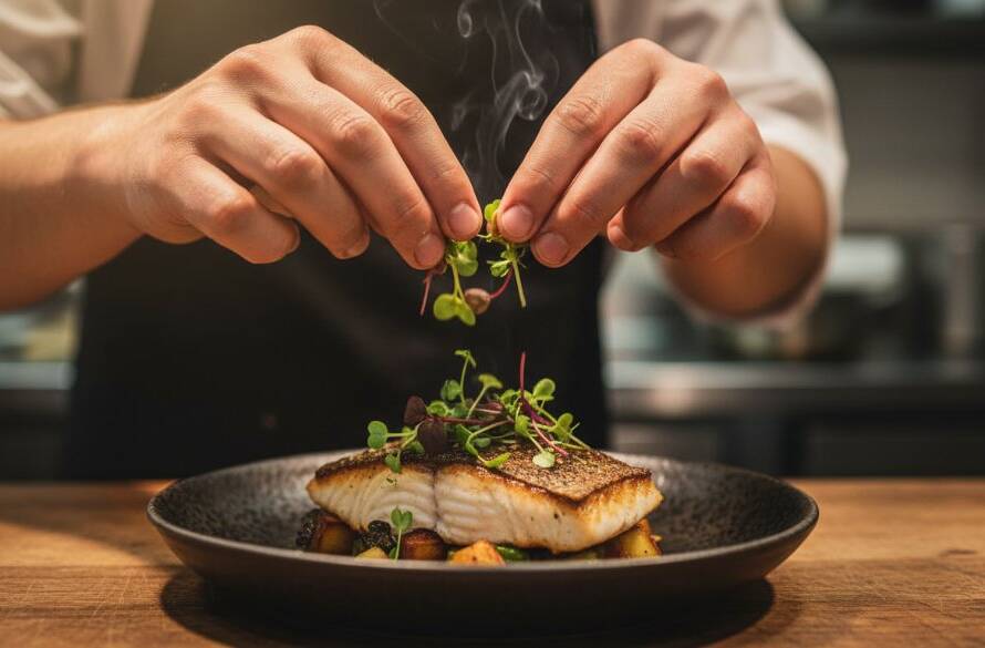A dramatic, professionally lit photograph capturing a chef's focused hands delicately drizzling a vibrant sauce onto a beautifully plated, locally sourced meal on a rustic wooden table, with soft, golden-hour light streaming into an Exford farm kitchen, perfectly showcasing the essence of Capturing authentic farm-to-table dining Exford Victoria.