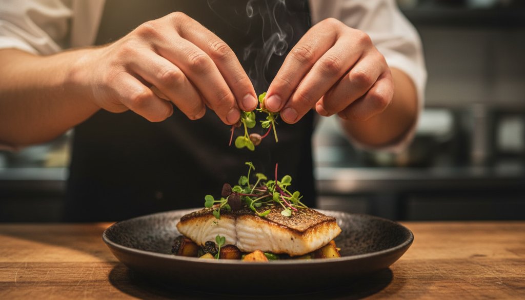 A dramatic, professionally lit photograph capturing a chef's focused hands delicately drizzling a vibrant sauce onto a beautifully plated, locally sourced meal on a rustic wooden table, with soft, golden-hour light streaming into an Exford farm kitchen, perfectly showcasing the essence of Capturing authentic farm-to-table dining Exford Victoria.