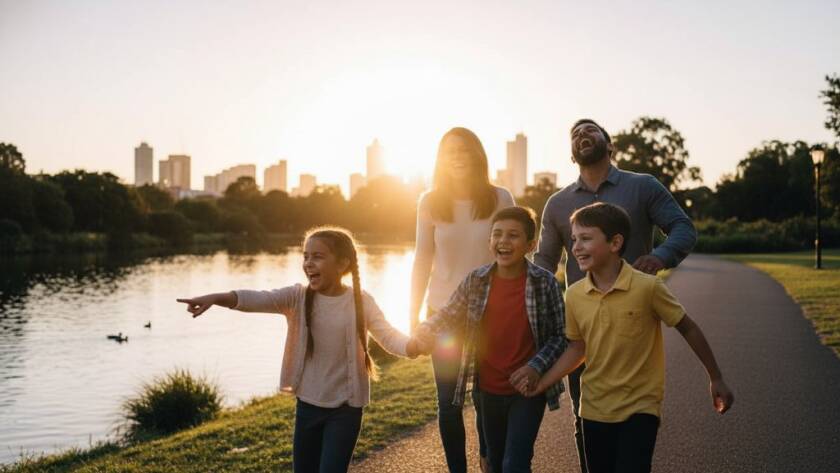 A genuine, heartwarming candid moment captured in Footscray, showing a family laughing joyfully near the Maribyrnong River, bathed in the soft glow of a late afternoon sun, epitomizing Capturing Authentic Footscray Moments Candid Photography.