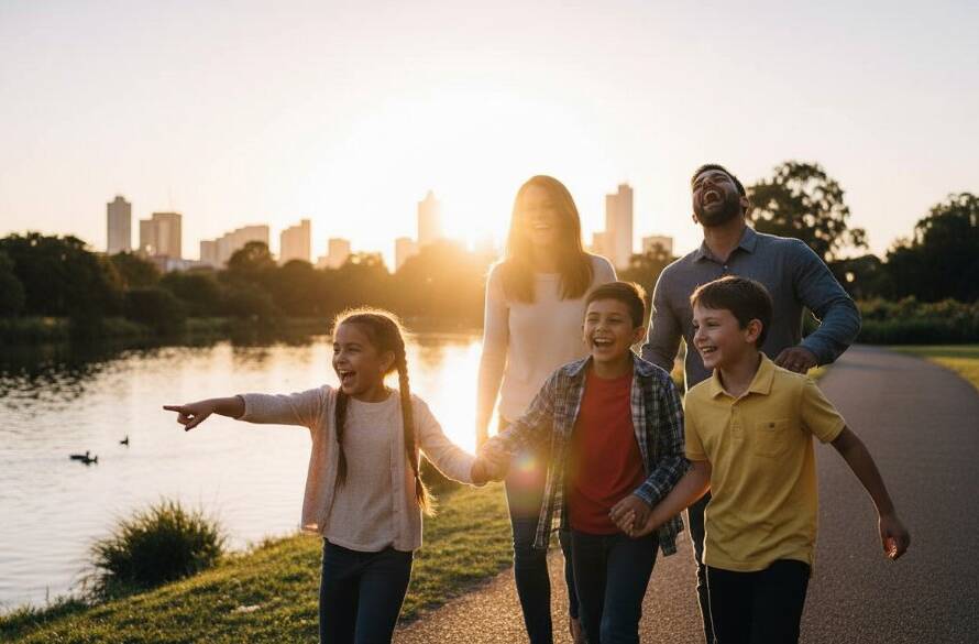 A genuine, heartwarming candid moment captured in Footscray, showing a family laughing joyfully near the Maribyrnong River, bathed in the soft glow of a late afternoon sun, epitomizing Capturing Authentic Footscray Moments Candid Photography.