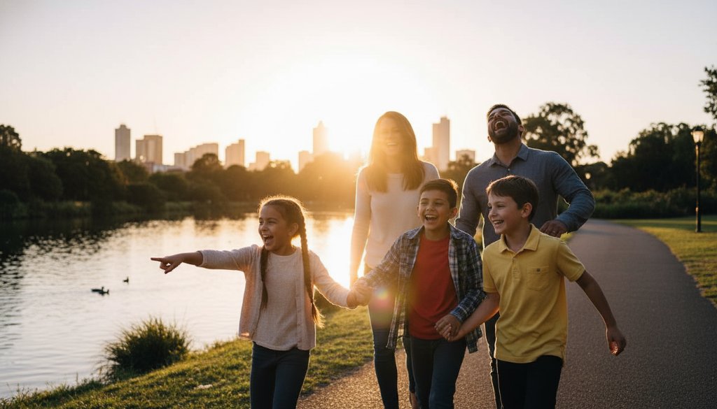 A genuine, heartwarming candid moment captured in Footscray, showing a family laughing joyfully near the Maribyrnong River, bathed in the soft glow of a late afternoon sun, epitomizing Capturing Authentic Footscray Moments Candid Photography.