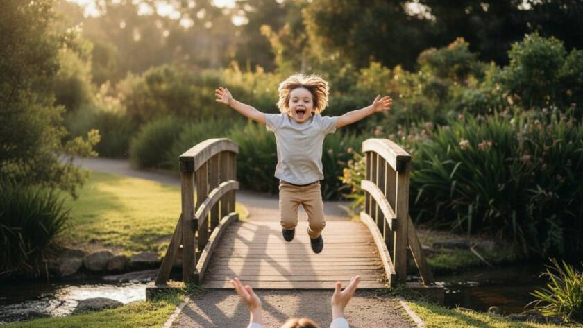 An epic moment of pure joy, Capturing authentic Gardenvale kids photography sessions, as a child bursts into laughter mid-air while being tossed by a parent against a sun-drenched, leafy Gardenvale park background with dramatic golden hour lighting.