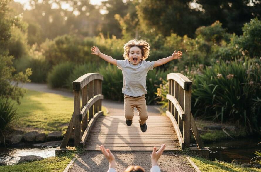 An epic moment of pure joy, Capturing authentic Gardenvale kids photography sessions, as a child bursts into laughter mid-air while being tossed by a parent against a sun-drenched, leafy Gardenvale park background with dramatic golden hour lighting.
