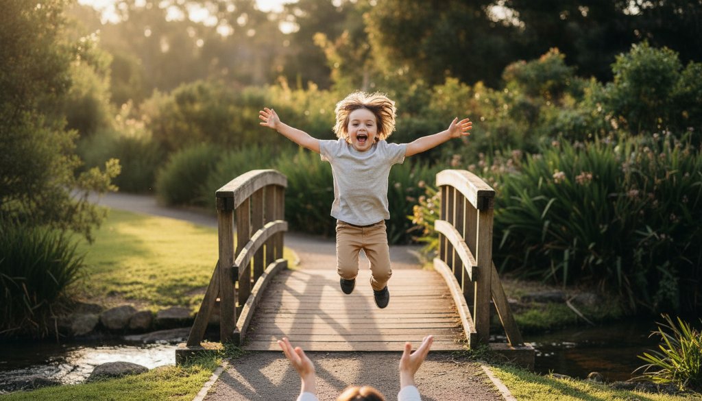 An epic moment of pure joy, Capturing authentic Gardenvale kids photography sessions, as a child bursts into laughter mid-air while being tossed by a parent against a sun-drenched, leafy Gardenvale park background with dramatic golden hour lighting.