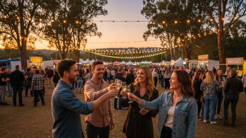 A professional photograph of a joyful crowd celebrating at an outdoor event in Gisborne, Victoria, with golden hour light highlighting candid expressions, perfectly Capturing Authentic Gisborne Event Moments.