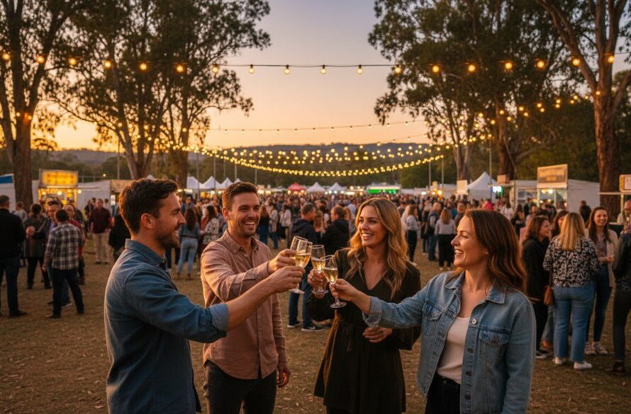 A professional photograph of a joyful crowd celebrating at an outdoor event in Gisborne, Victoria, with golden hour light highlighting candid expressions, perfectly Capturing Authentic Gisborne Event Moments.