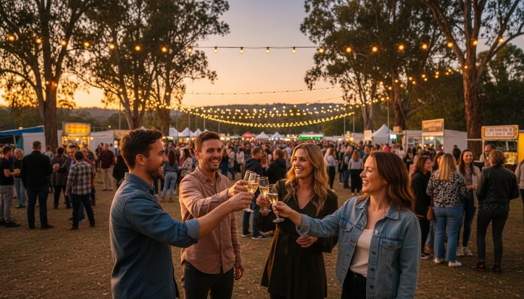 A professional photograph of a joyful crowd celebrating at an outdoor event in Gisborne, Victoria, with golden hour light highlighting candid expressions, perfectly Capturing Authentic Gisborne Event Moments.