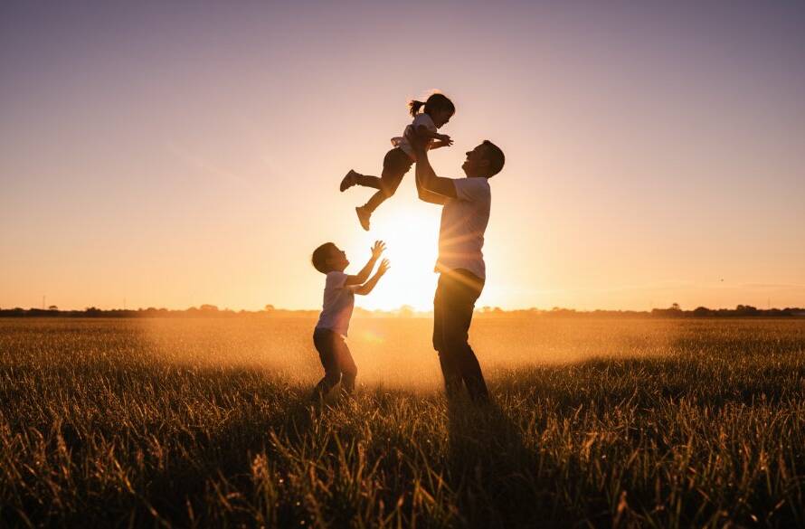 An epic, sun-drenched photograph capturing authentic Hoppers Crossing family moments, showing a family laughing joyfully as they walk hand-in-hand through a golden field at sunset, with children looking up at parents, professionally color-graded with dramatic lighting.