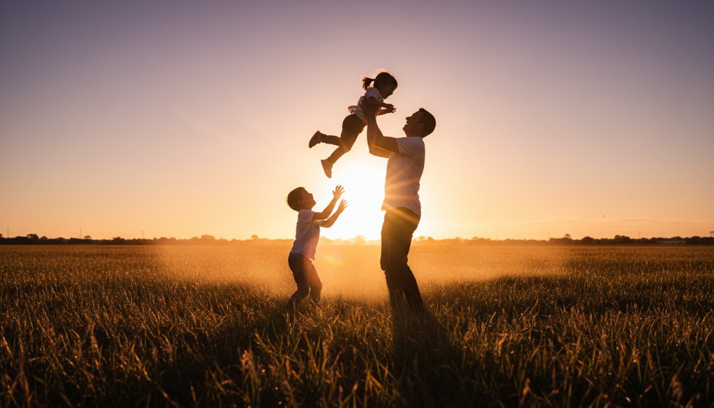 An epic, sun-drenched photograph capturing authentic Hoppers Crossing family moments, showing a family laughing joyfully as they walk hand-in-hand through a golden field at sunset, with children looking up at parents, professionally color-graded with dramatic lighting.