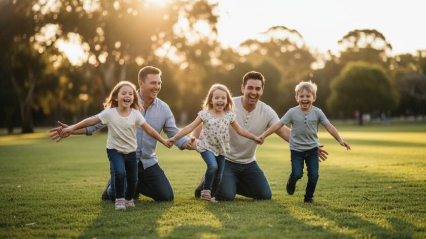 A heartwarming, sun-kissed outdoor shot capturing authentic Hughesdale candid family moments, with children laughing joyfully as parents embrace, set against a vibrant park backdrop with dramatic golden hour lighting and professional colour grading.