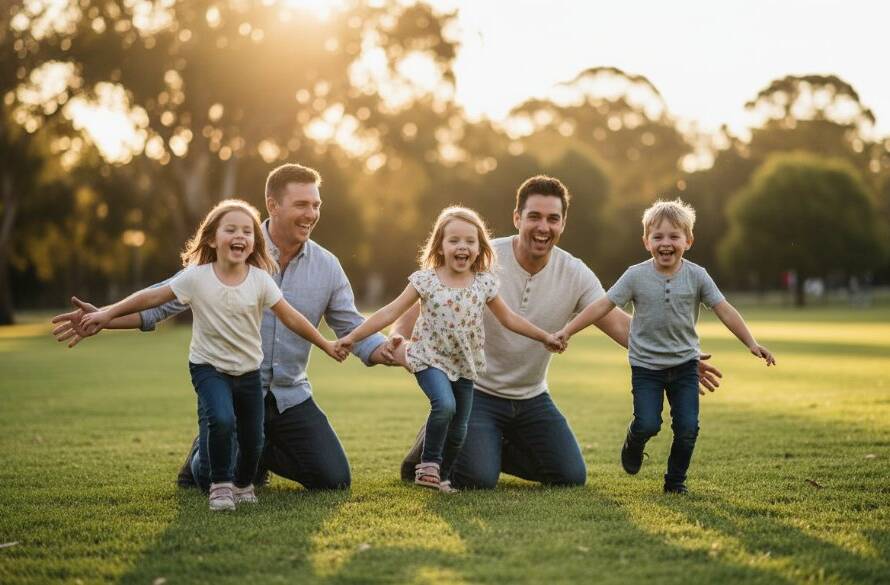 A heartwarming, sun-kissed outdoor shot capturing authentic Hughesdale candid family moments, with children laughing joyfully as parents embrace, set against a vibrant park backdrop with dramatic golden hour lighting and professional colour grading.