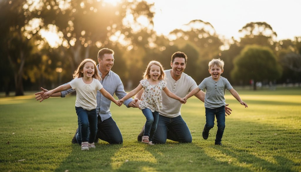 A heartwarming, sun-kissed outdoor shot capturing authentic Hughesdale candid family moments, with children laughing joyfully as parents embrace, set against a vibrant park backdrop with dramatic golden hour lighting and professional colour grading.