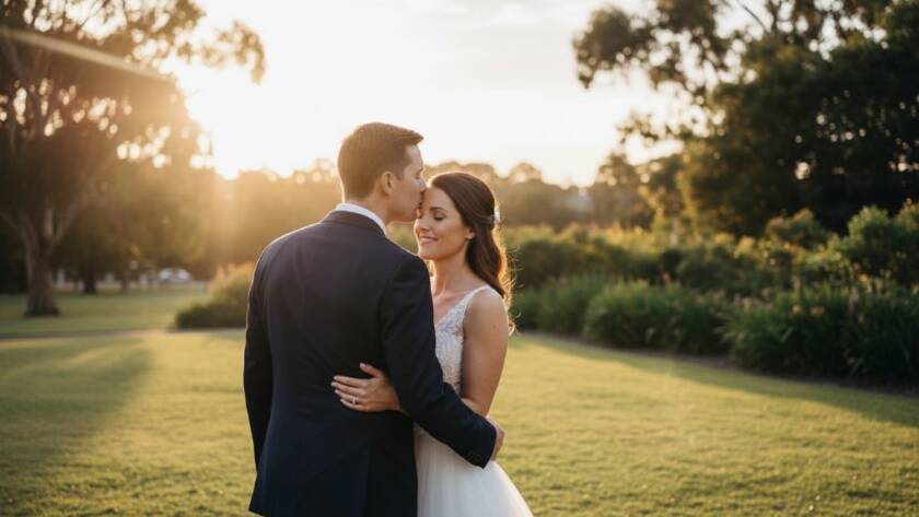 A dramatic and beautifully lit photograph capturing authentic Hughesdale wedding photography moments as a newlywed couple shares an intimate embrace at sunset, showcasing the romantic glow and their joyous connection.