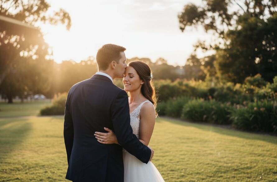 A dramatic and beautifully lit photograph capturing authentic Hughesdale wedding photography moments as a newlywed couple shares an intimate embrace at sunset, showcasing the romantic glow and their joyous connection.