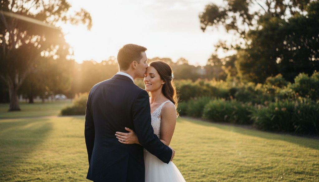 A dramatic and beautifully lit photograph capturing authentic Hughesdale wedding photography moments as a newlywed couple shares an intimate embrace at sunset, showcasing the romantic glow and their joyous connection.