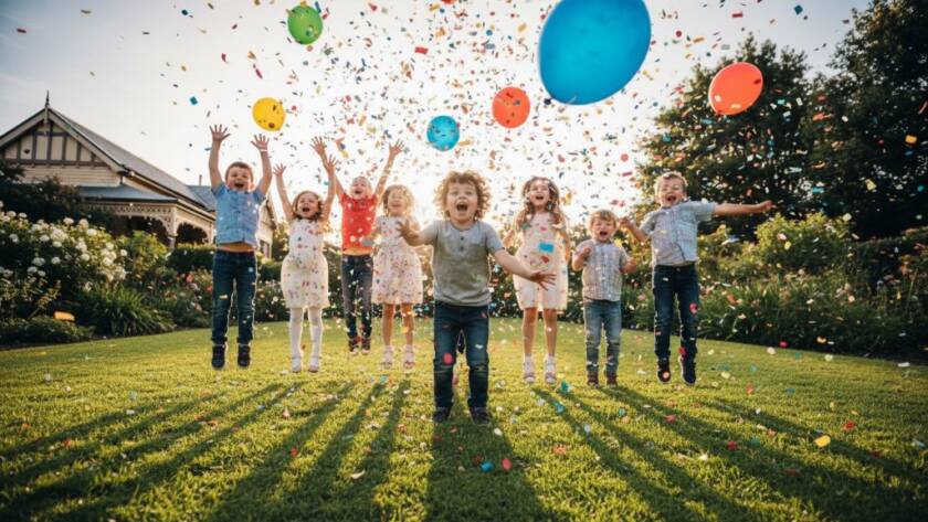 A wide-angle, vibrant photograph capturing authentic joy Berwick party photography at a child's birthday. Confetti rains down as kids laugh and reach for balloons in a beautifully decorated backyard in Berwick, Victoria, with dramatic natural light highlighting the jubilant expressions.