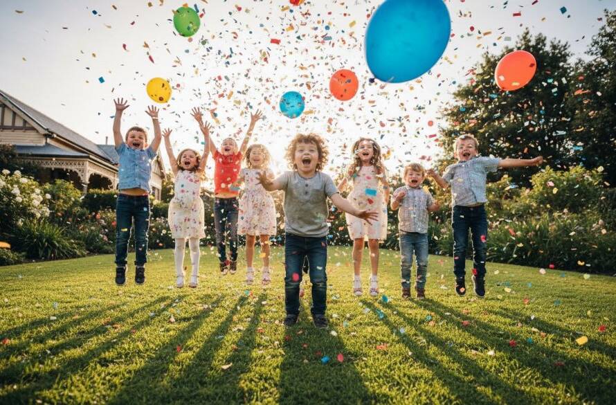 A wide-angle, vibrant photograph capturing authentic joy Berwick party photography at a child's birthday. Confetti rains down as kids laugh and reach for balloons in a beautifully decorated backyard in Berwick, Victoria, with dramatic natural light highlighting the jubilant expressions.