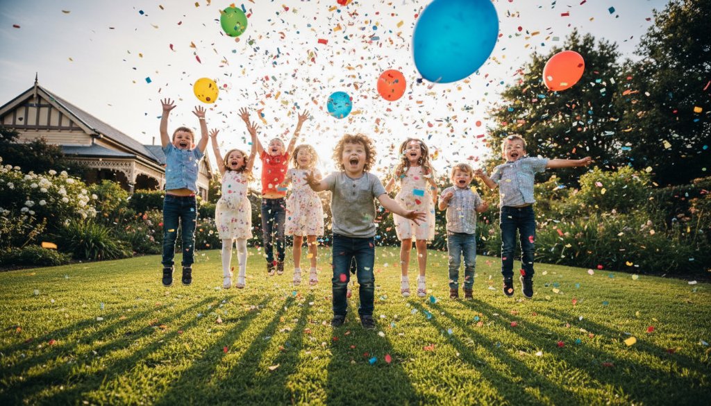 A wide-angle, vibrant photograph capturing authentic joy Berwick party photography at a child's birthday. Confetti rains down as kids laugh and reach for balloons in a beautifully decorated backyard in Berwick, Victoria, with dramatic natural light highlighting the jubilant expressions.